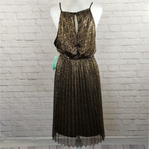 O Candalite Petite Women's Gold Black Pleated Sleeveless Midi Knee Dress NWT PXL - Picture 3 of 14